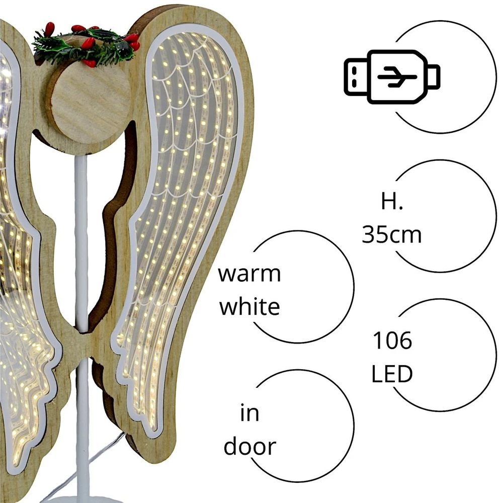EDELMAN DEKORATYVINIS ANGELAS SPARNAI MEDINIS 106 LED INFINITY 37CM USB LUCA