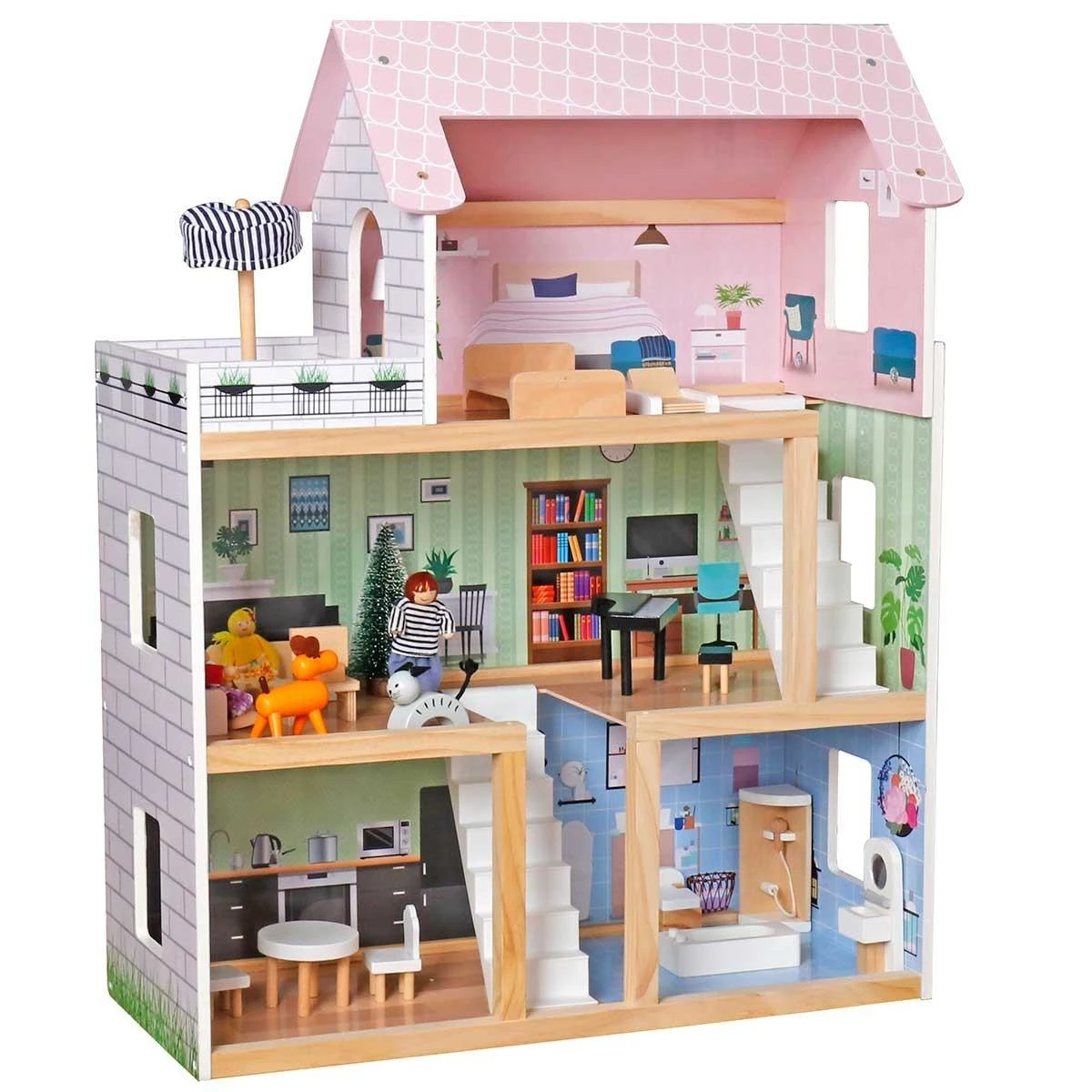 Enero Toys Medinis lėlių namelis su apšvietimu Enero