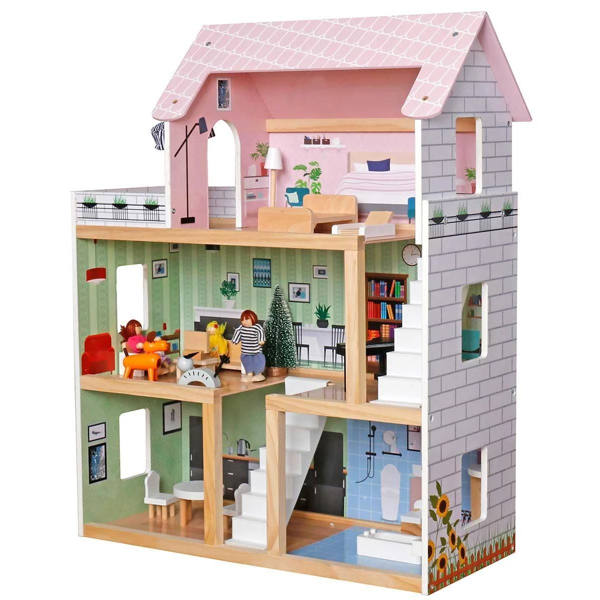 Enero Toys Medinis lėlių namelis su apšvietimu Enero