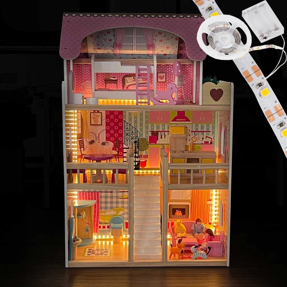 Enero Toys Medinis lėlių namelis su apšvietimu Enero