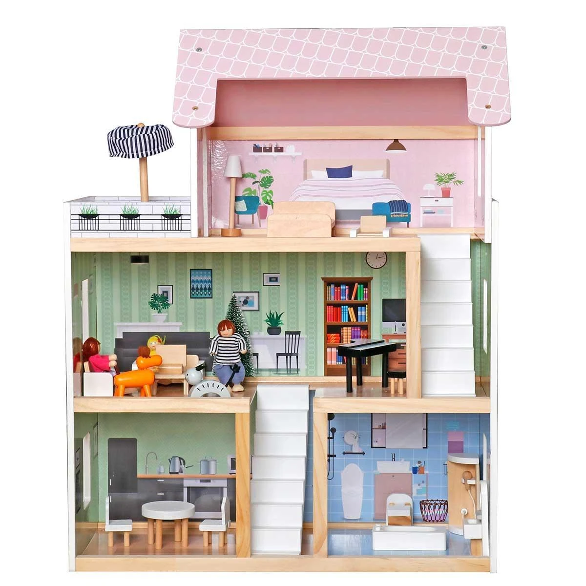 Enero Toys Medinis lėlių namelis su apšvietimu Enero