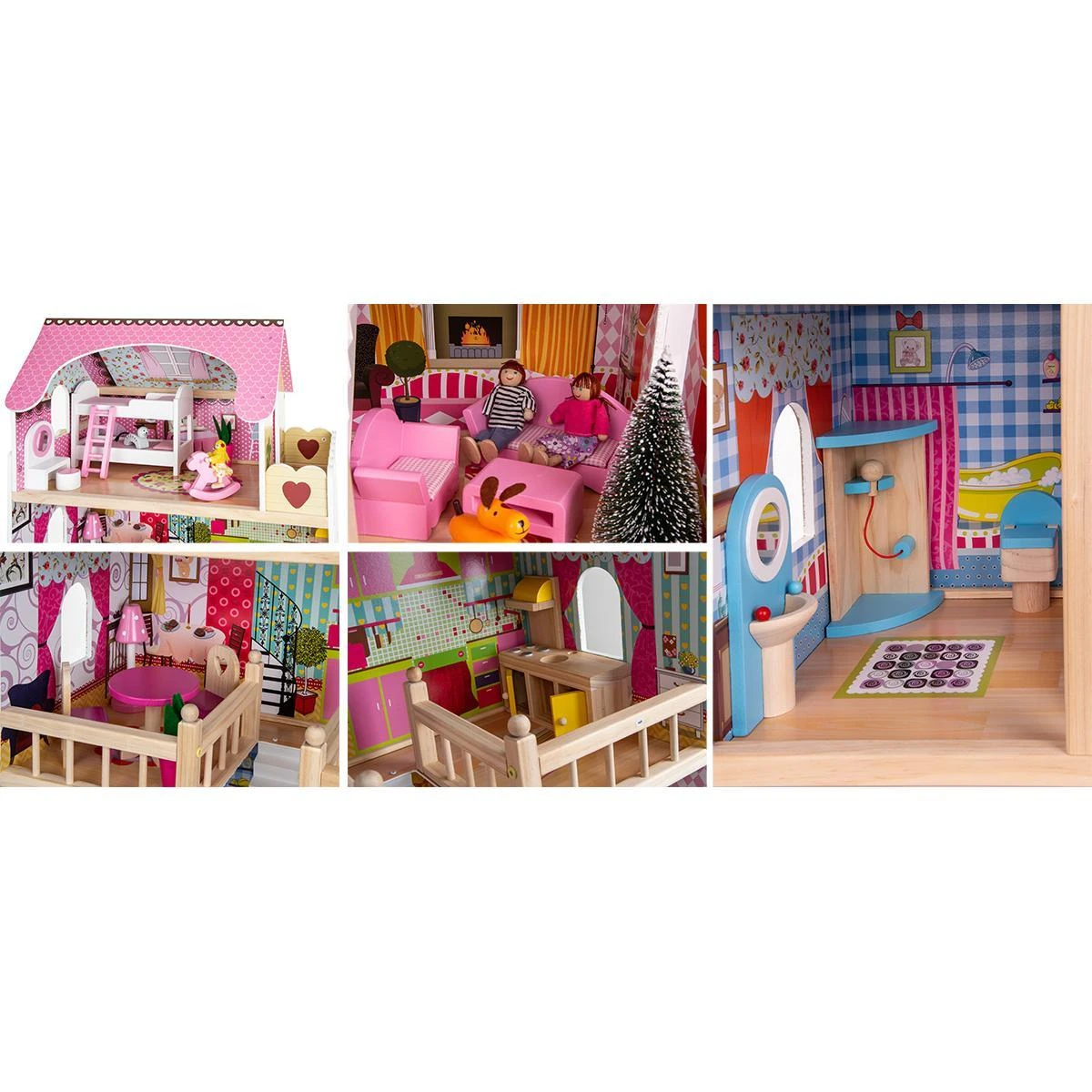 Enero Toys Medinis lėlių namelis su apšvietimu Enero