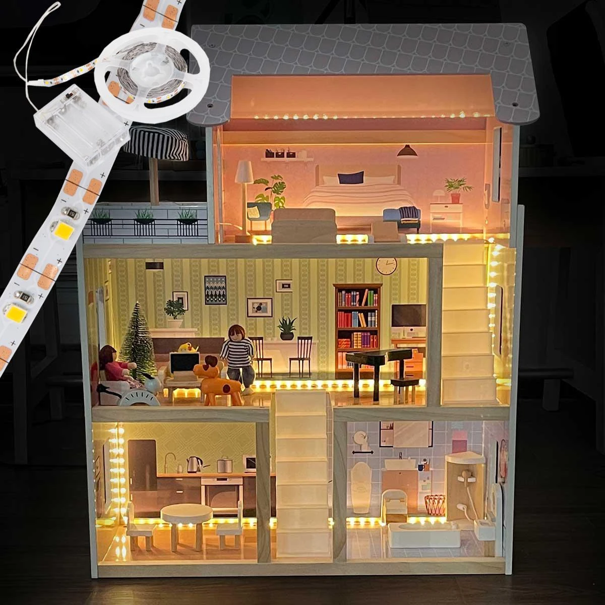Enero Toys Medinis lėlių namelis su apšvietimu Enero