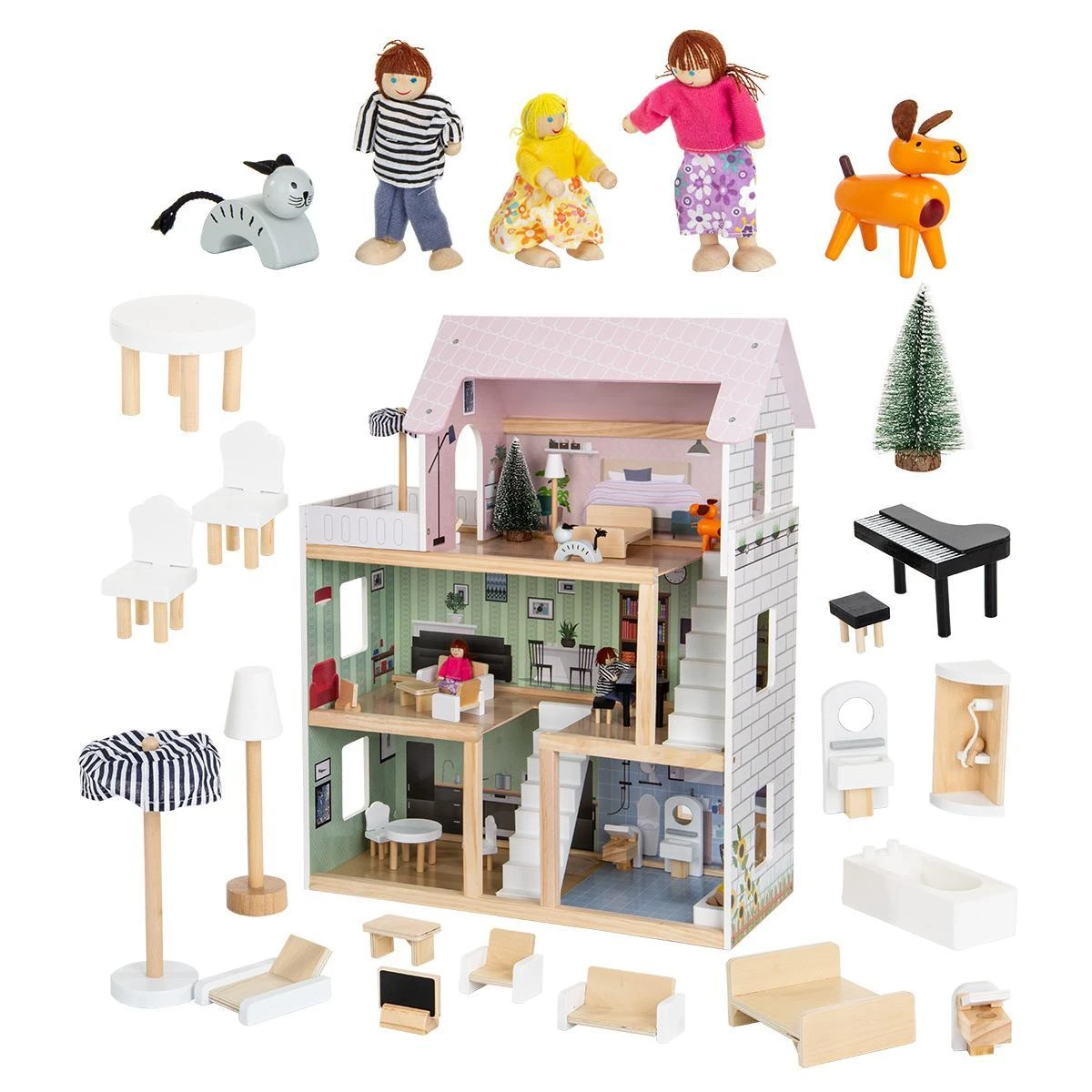 Enero Toys Medinis lėlių namelis su apšvietimu Enero