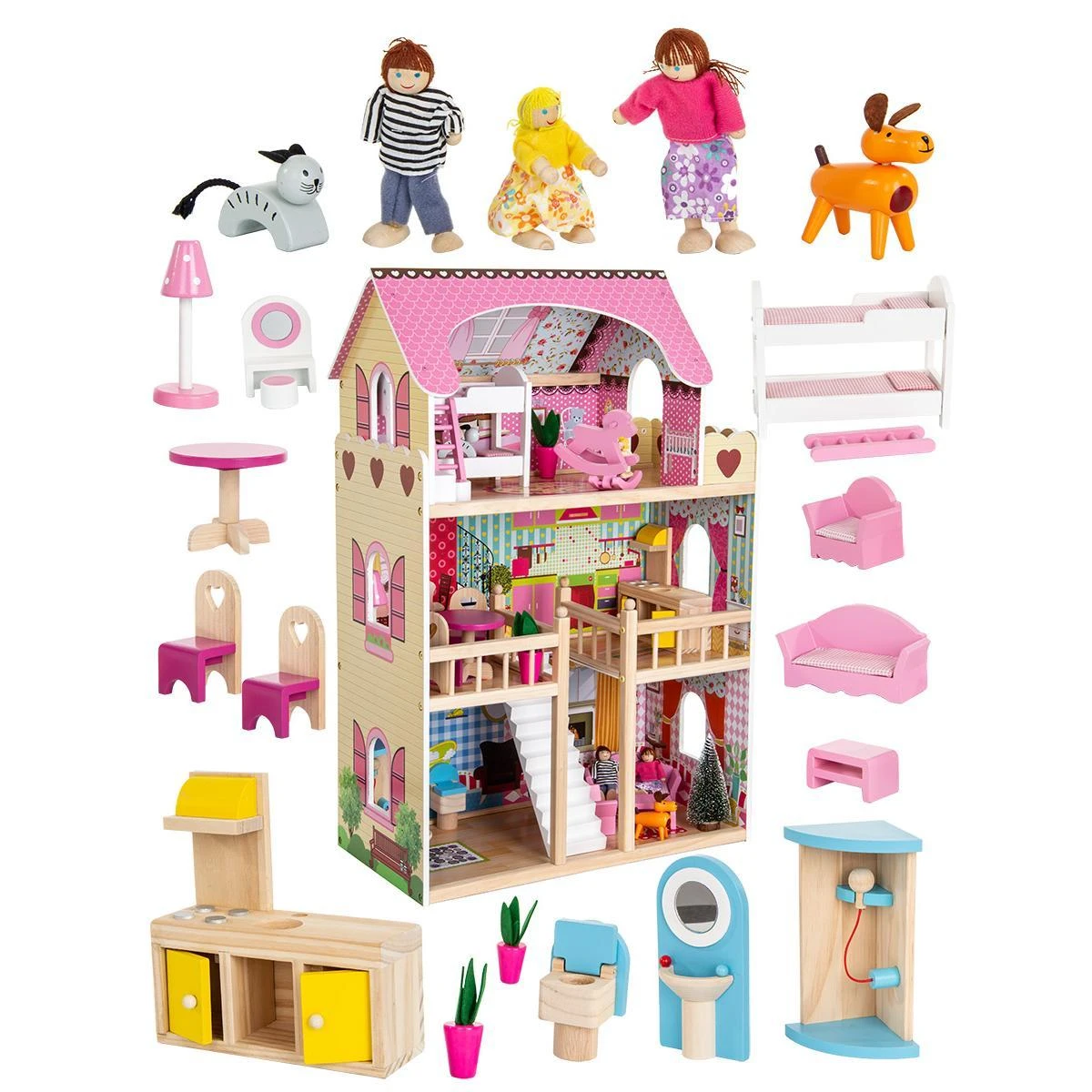Enero Toys Medinis lėlių namelis su apšvietimu Enero