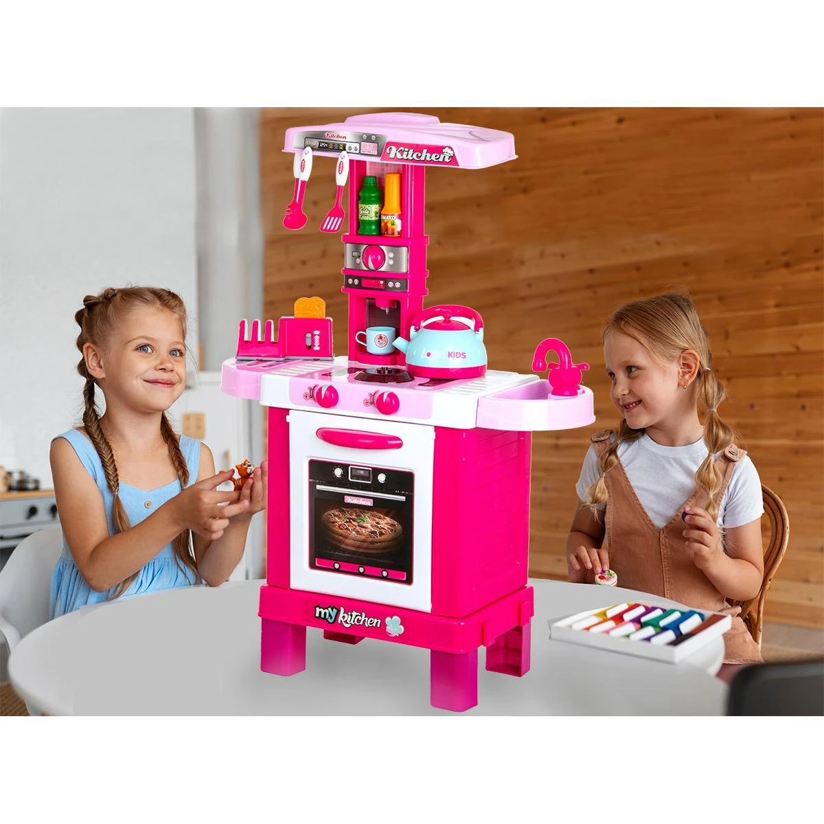 Enero Toys Vaikų virtuvė su 32 elementais rožinė