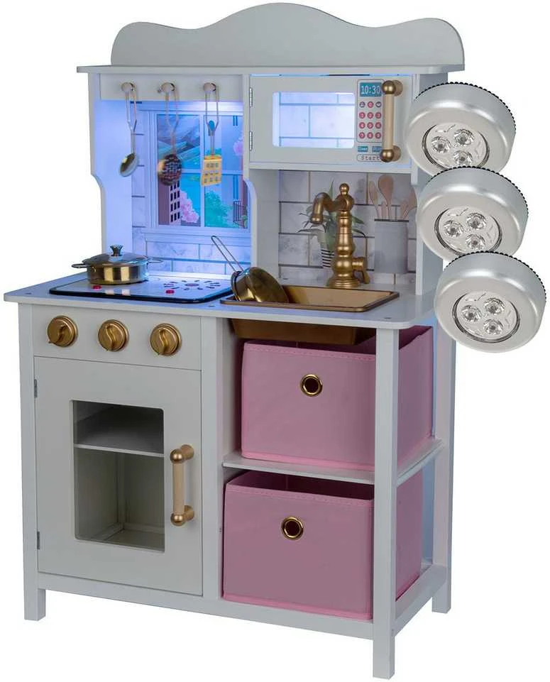 Enero Toys Medinė vaikiška virtuvėlė su LED 60x30x88,5cm