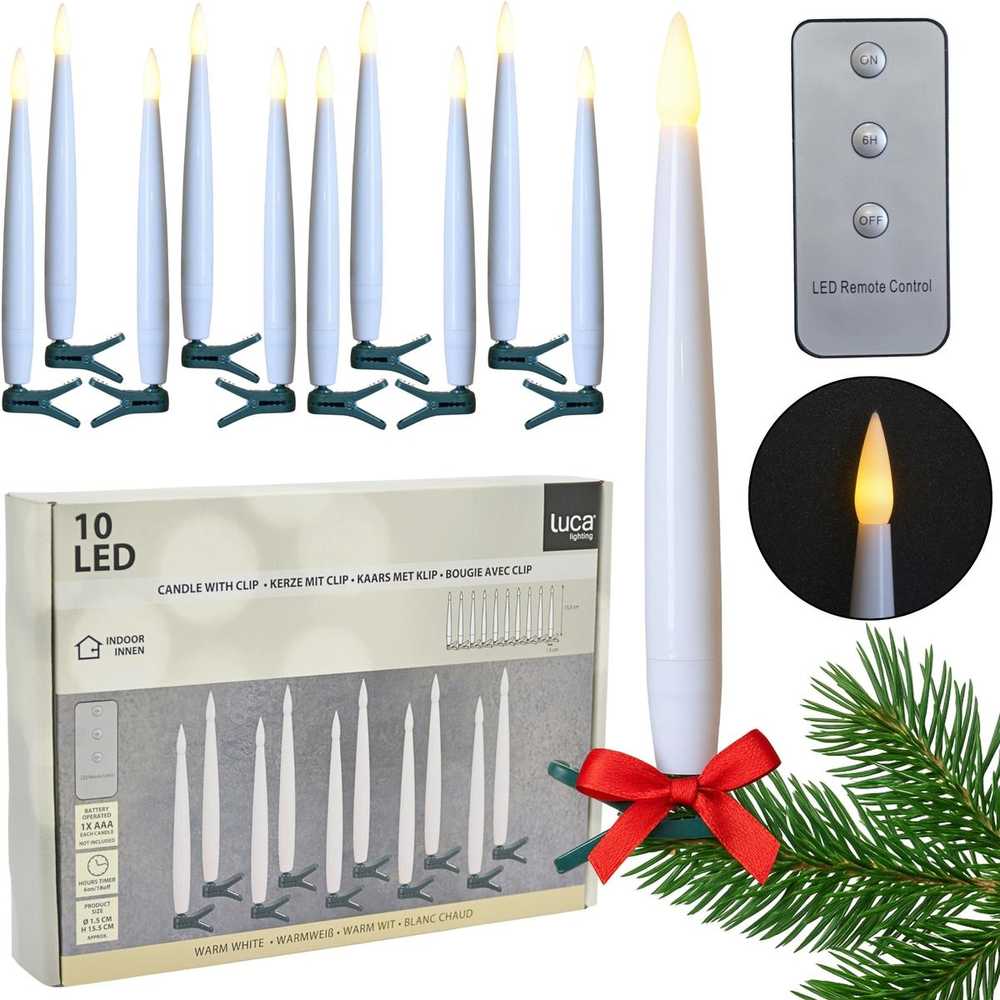 Kalėdinės eglutės žvakės ant segtuko, 10 LED, šiltai baltos, LUCA
