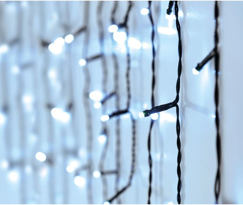 KOOPMAN LAMPKI CHOINKOWE KURTYNA ŚWIETLNA ZEW 360 LED STEROWNIK TIMER ZIMNY Baltas KABELIS Žalias