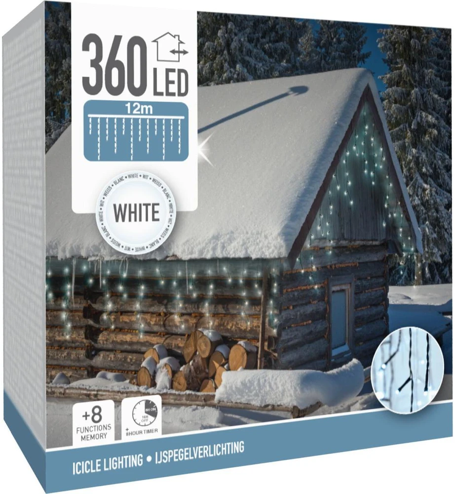 KOOPMAN LAMPKI CHOINKOWE KURTYNA ŚWIETLNA ZEW 360 LED STEROWNIK TIMER ZIMNY Baltas KABELIS Žalias