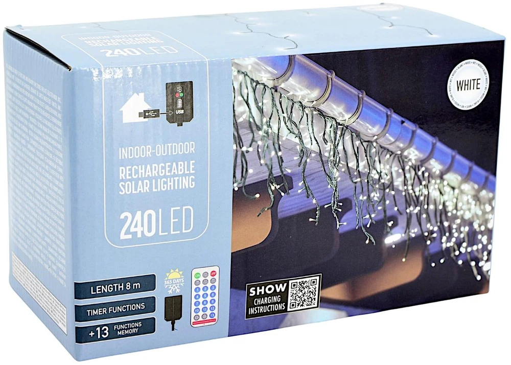 KOOPMAN SOLARNY ŁAŃCUCH ŚWIETLNY 240 LED 13 FUNKCJI USB ZIMNY Baltas