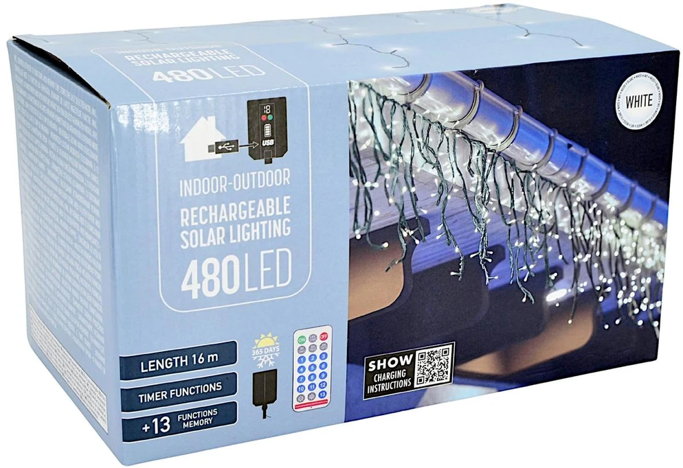 Lampki choinkowe Koopman Lampki choinkowe sople 480 LED solarne su pultu USB światło zimnobiałe 18,6 m