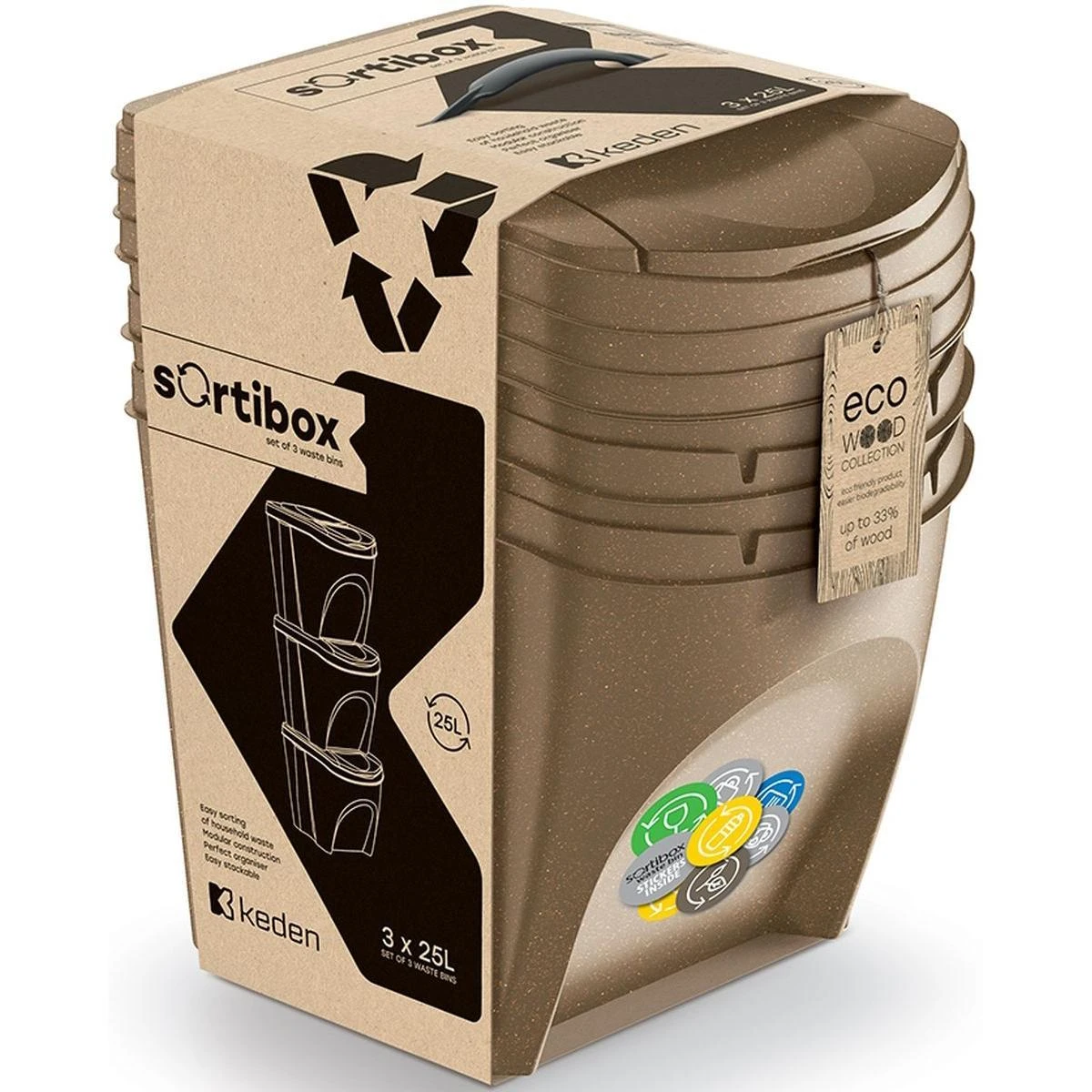 Keden Prosperplast ATLIEKŲ KREPŠELIAI 25 l SORTIBOX SET3 VNT. ECOWOOD