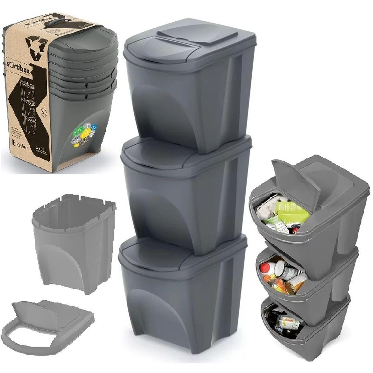 Prosperplast Sortibox pilkos spalvos šiukšlių dėžių rinkinys 3x25L