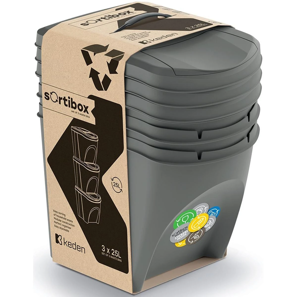 Prosperplast Sortibox pilkos spalvos šiukšlių dėžių rinkinys 3x25L