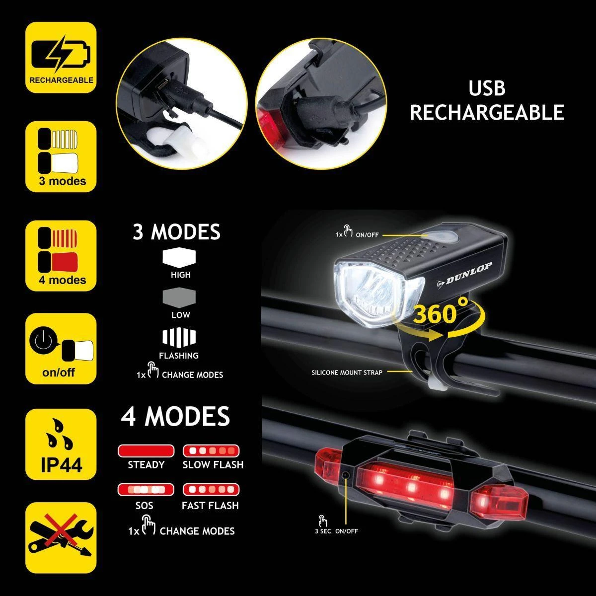 Dunlop Dviračio LED žibintų rinkinys USB įkrovimas