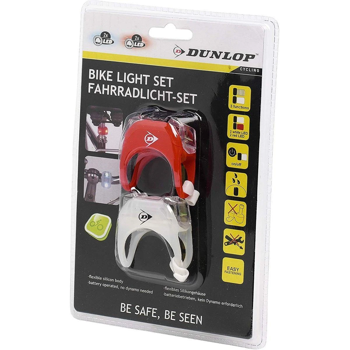 SILIKONINIŲ LED DVIRAČIO ŽIBINTŲ RINKINYS PRIEKINIS GALINIS DELUXE 2 LED DUNLOP 417929