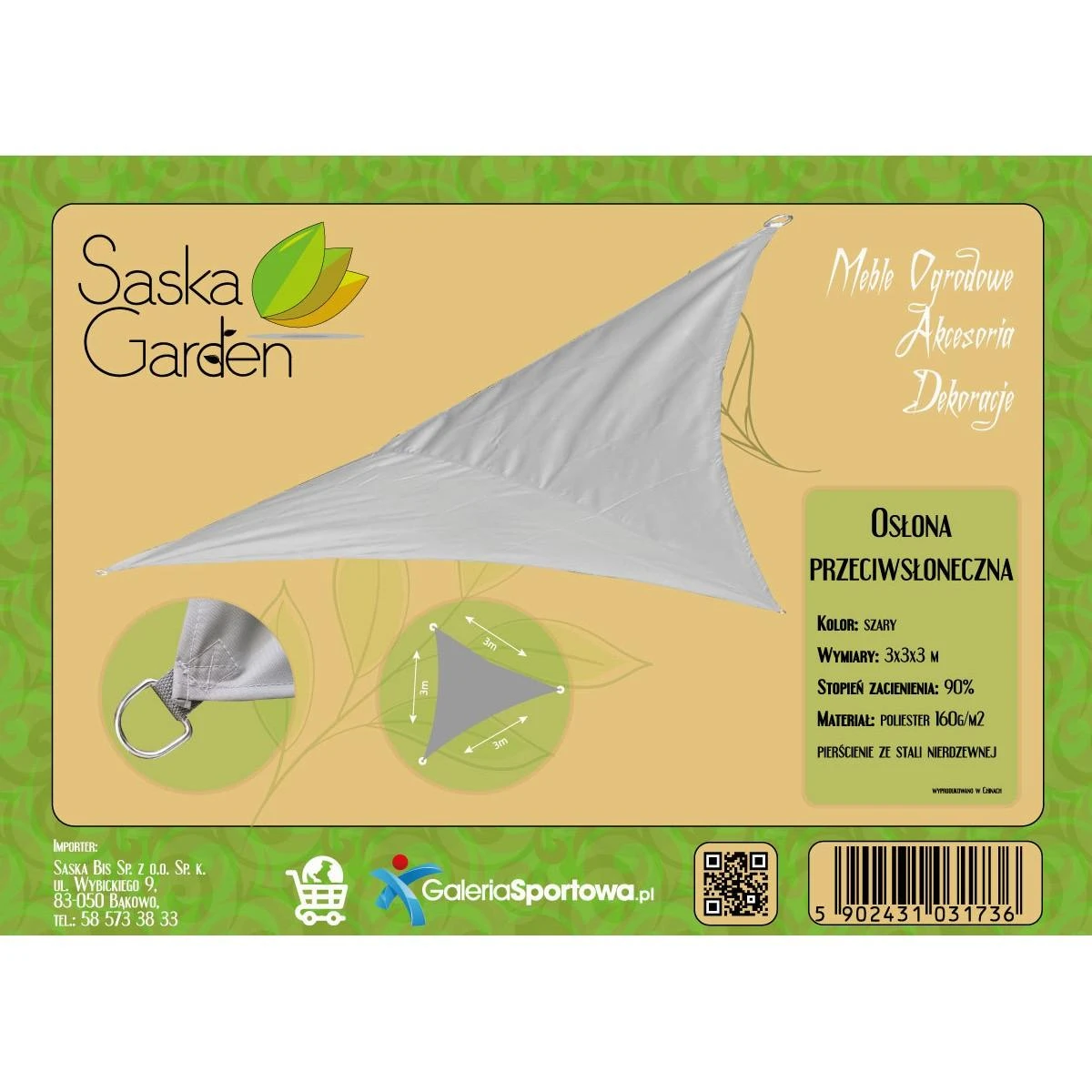 Saska Garden sodo saulės burė trikampė 3x3x3m pilka