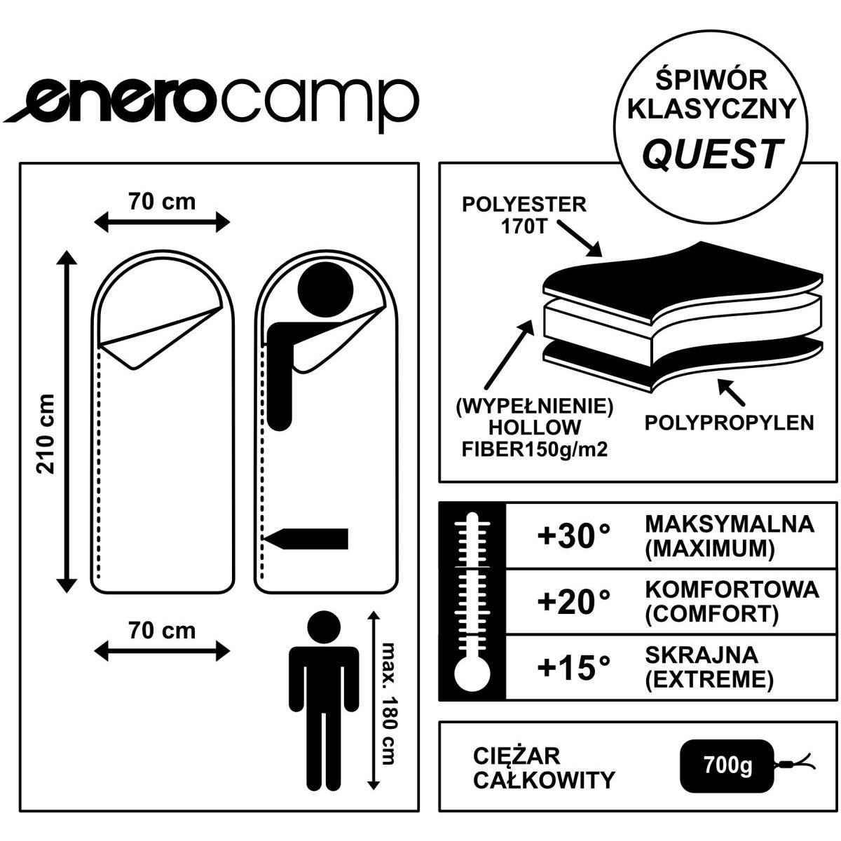 TURISTINIS MIEGMAIŠIS QUEST SU KOMPRESIJA 210x70CM Juodas ENERO CAMP 1024929