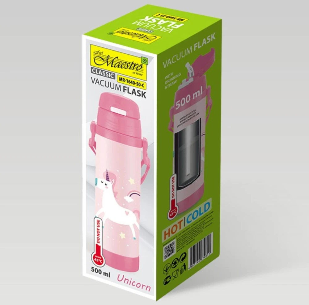Maestro Termo puodelis vaikams su šiaudeliu 500 ml vienaragis MAESTRO MR-1640-50-C