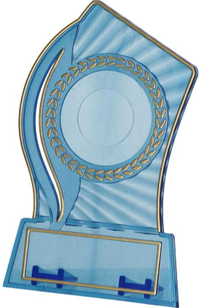 Tryumf Plastikinis trofėjus – skaidrus – auksinis su vieta 25/40 mm lipdukui ir 56 mm x 18 mm plokštei T-M