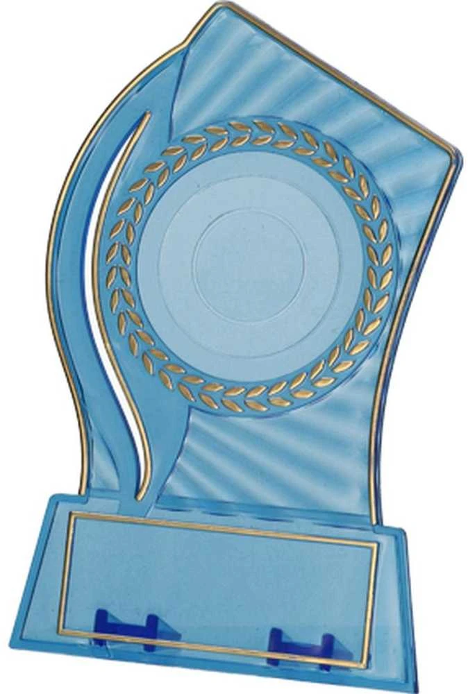 Tryumf Plastikinis trofėjus – skaidrus – auksinis su vieta 50 mm lipdukui ir 65 mm x 23 mm T-M plokštelei