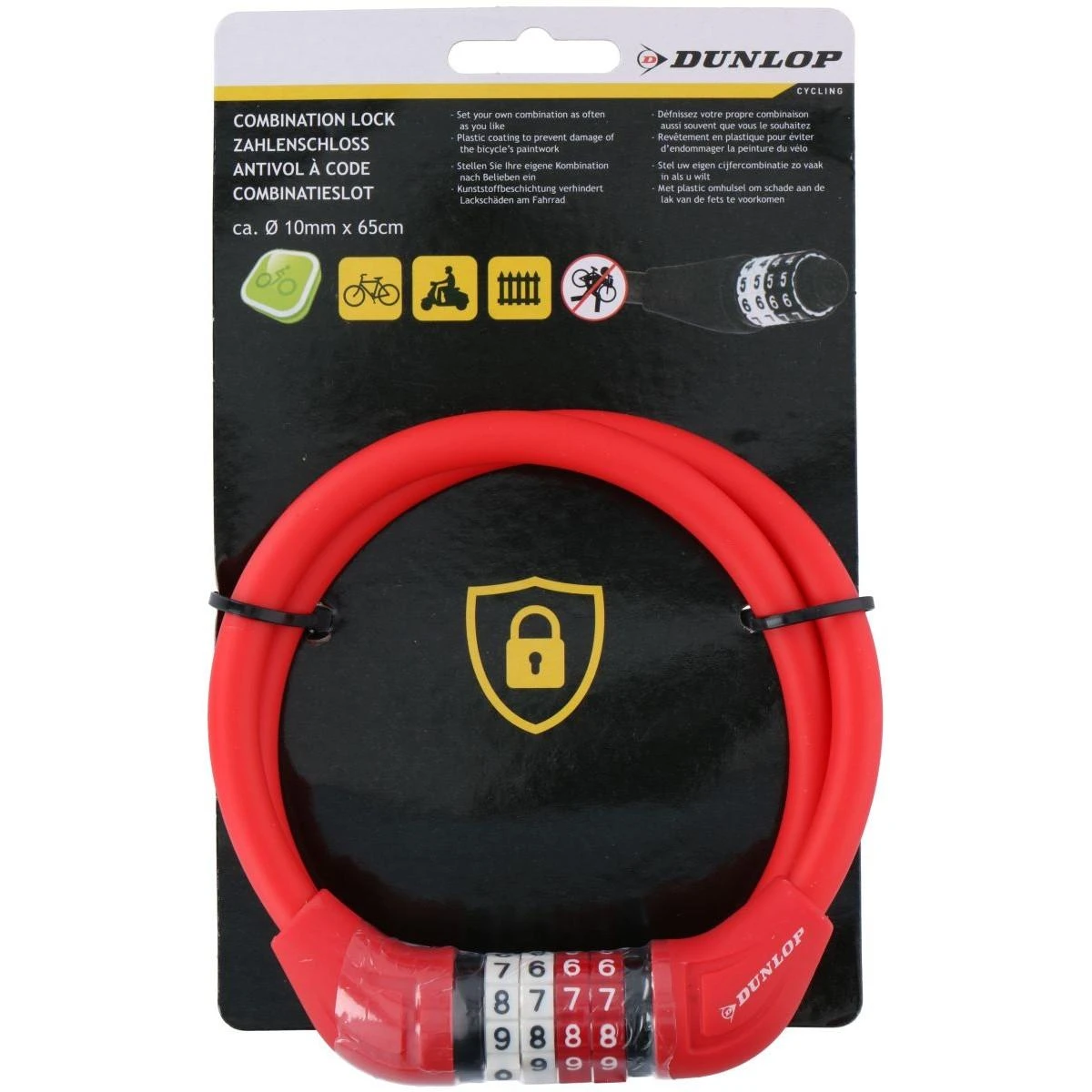 Dunlop Dviračio kabelinė spyna su kombinuotu kodu 65 cm raudona