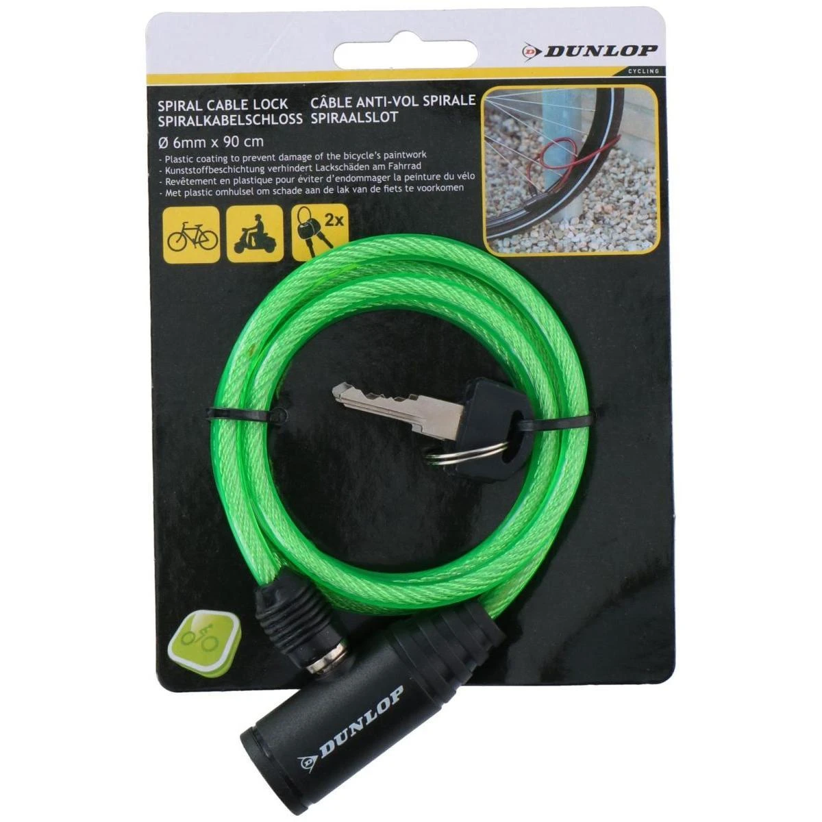 Dunlop Dviračio spiralinis užraktas su raktu 0,6x90 cm žalias