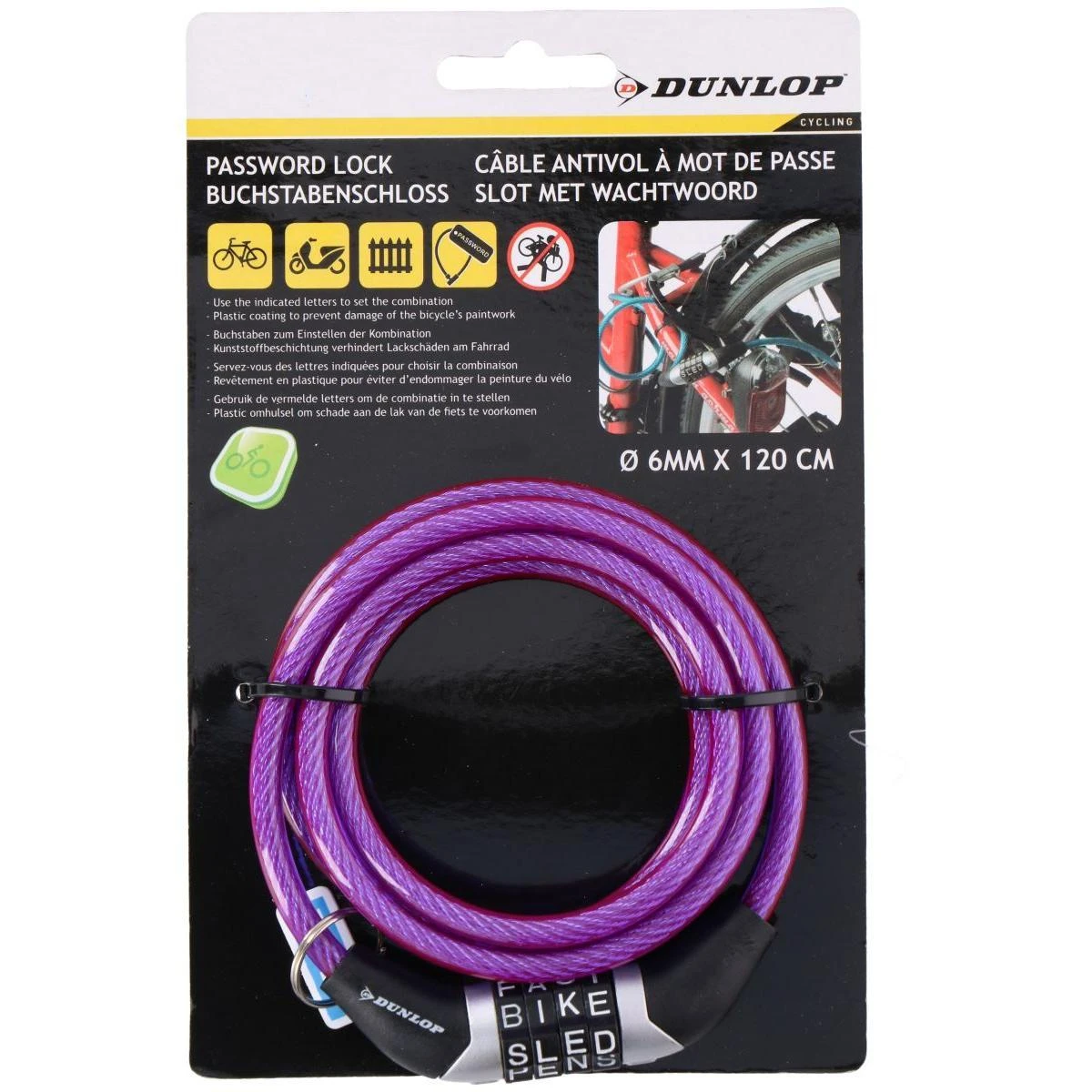 Dunlop Spiralinis dviračio užraktas su kodu 0,6x120 cm violetinis