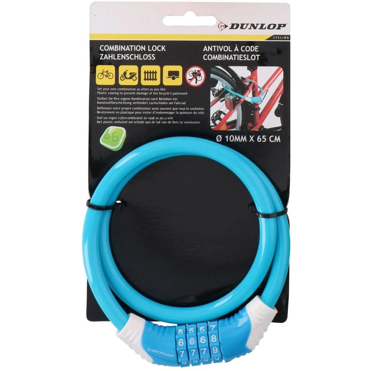 Dunlop dviratinė spiralinė spyna su kodu 10mm x 65cm mėlyna