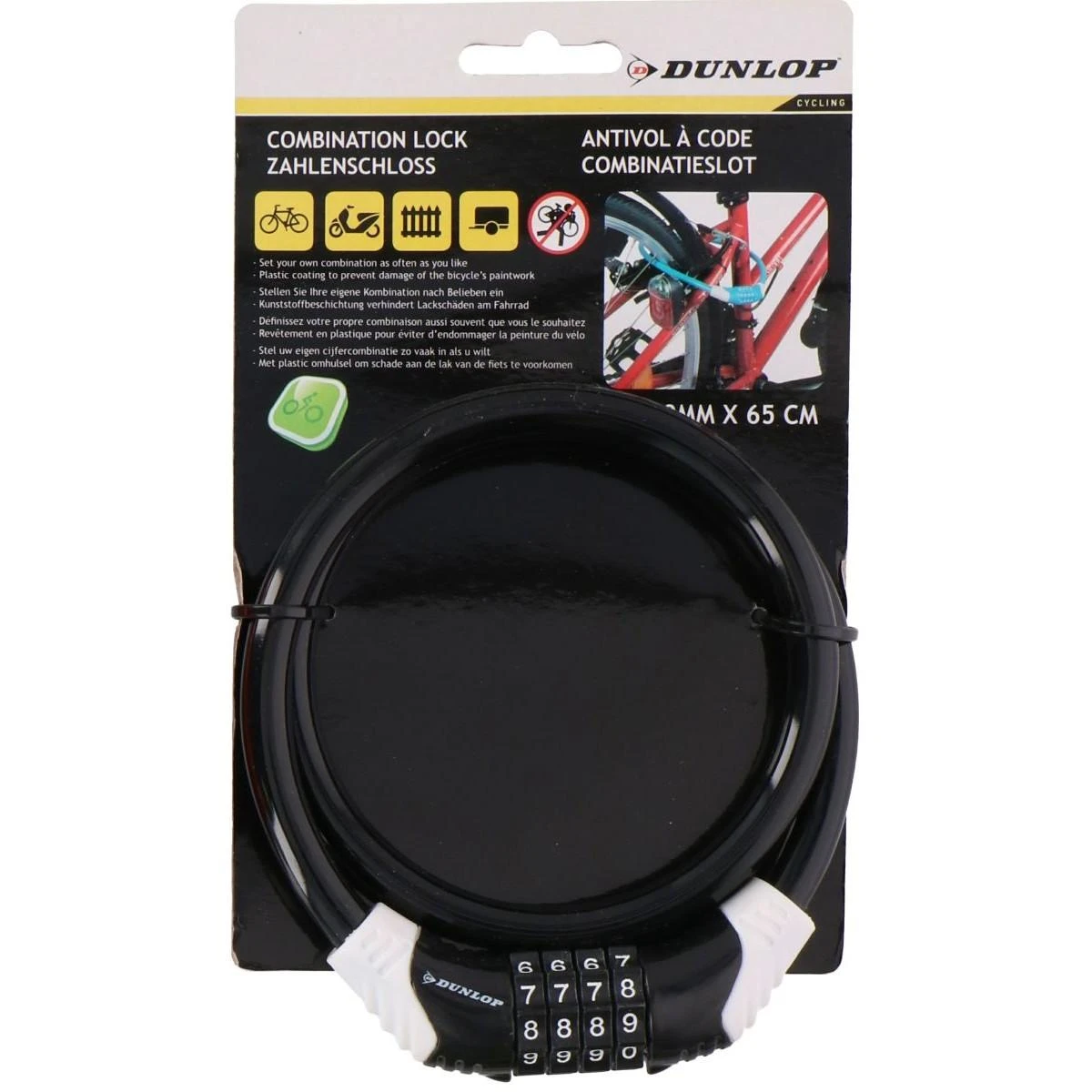 Dunlop spiralinis dviračio užraktas su kodu 10mm x 65cm juodas