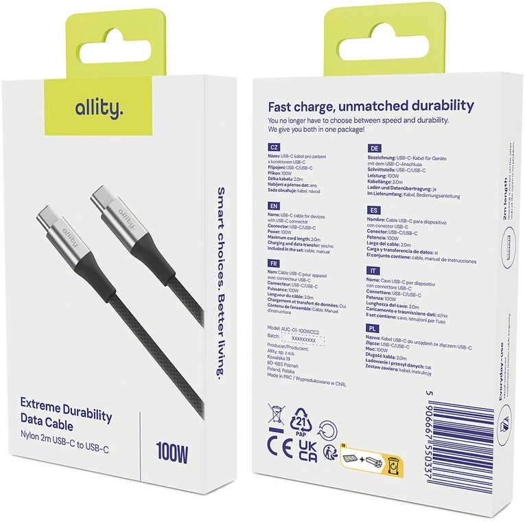 "Allity" kabelis AUC-01 USB-C - USB-C 2.0 m 100W juodas
