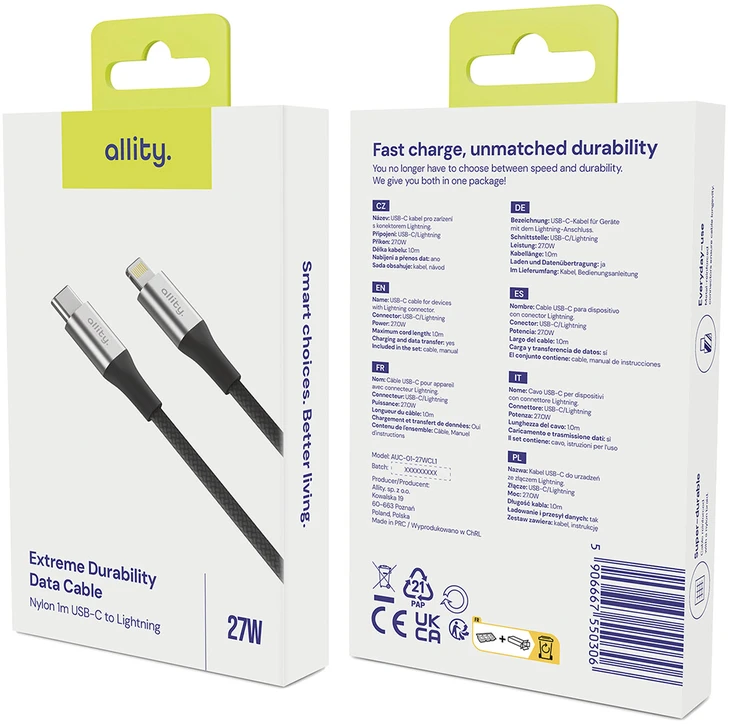 "Allity" kabelis AUC-01 USB-C - "Lightning" 1,0 m 27W juodas