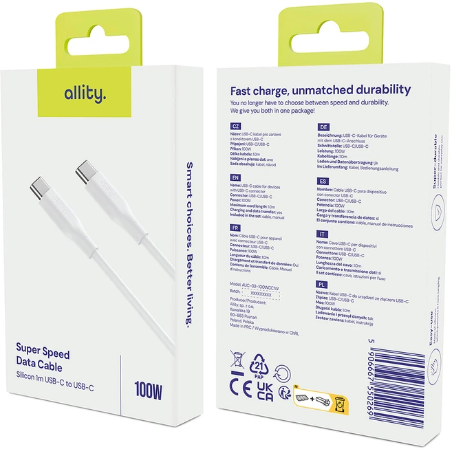 Allity Sp. su o.o. „Allity“ kabelis AUC-02 USB-C - USB-C 1,0 m 60W baltas