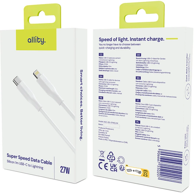 „Allity“ kabelis AUC-02 USB-C - „Lightning“ 1,0 m 27W baltas