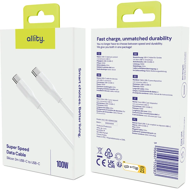 „Allity“ kabelis AUC-02 USB-C - USB-C 2.0 m 100W baltas