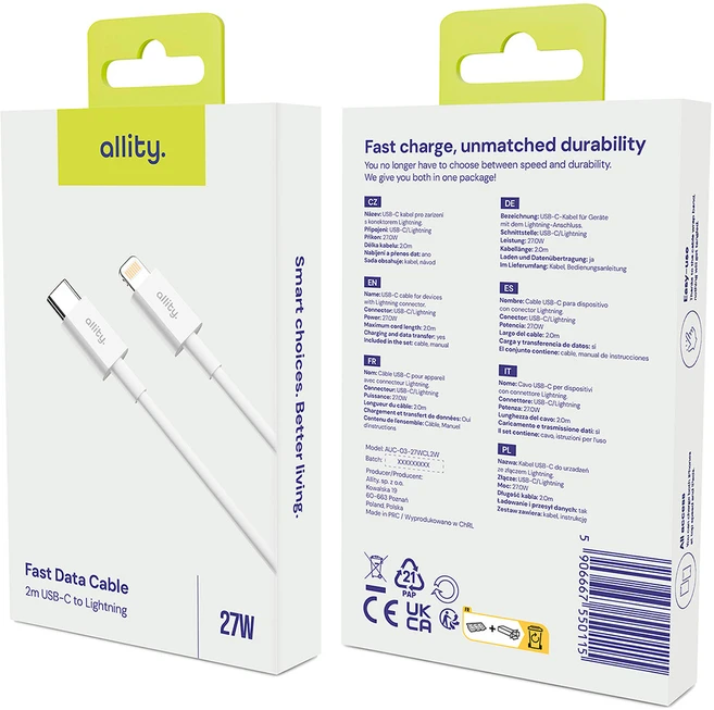 „Allity“ kabelis AUC-02 USB-C - Lightning 2.0 m 27W baltas