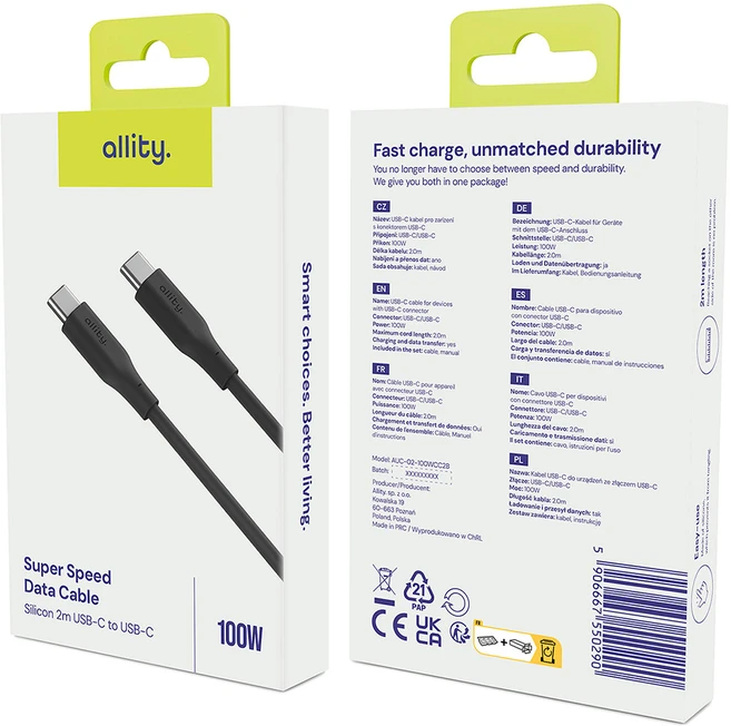 Allity Sp. su o.o. Allity cable AUC-02 USB-C - USB-C 2.0 m 100W juodas