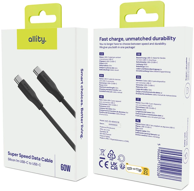 "Allity" kabelis AUC-02 USB-C - USB-C 1.0 m 60W juodas