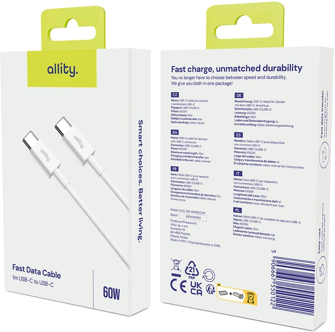 Allity Sp. su o.o. Allity kabelis AUC-03 USB-C - USB-C 1.0 m 60W baltas