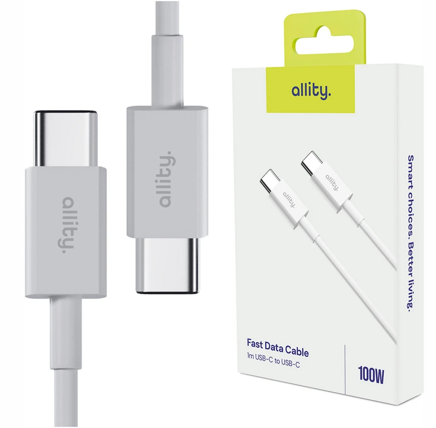 „Allity“ kabelis AUC-03 USB-C - USB-C 1,0 m 100W baltas