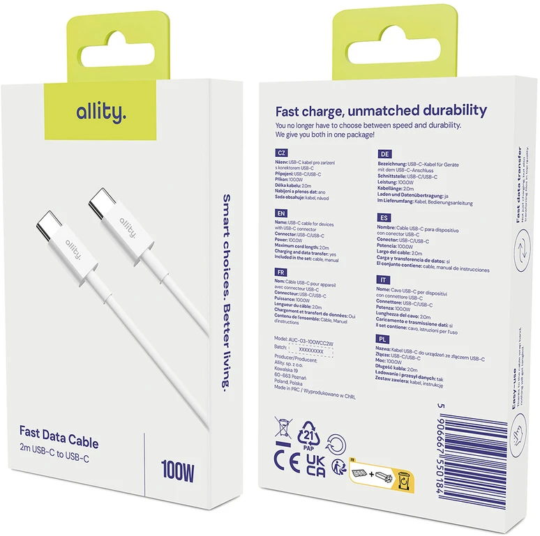 „Allity“ kabelis AUC-03 USB-C - USB-C 2.0 m 100W baltas