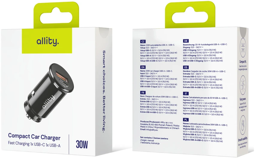 Allity Sp. su o.o. „Allity“ automobilinis įkroviklis ACC-100-30WAC, 1x USB-C, 1x USB-A, 30W, juodas