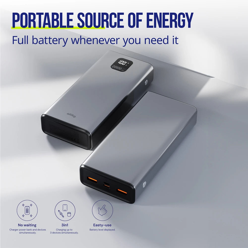 „Allity Sp. su o.o.“ „Allity“ išorinė baterija APB-100 PD QC 22,5 W 20000 mAh pilka