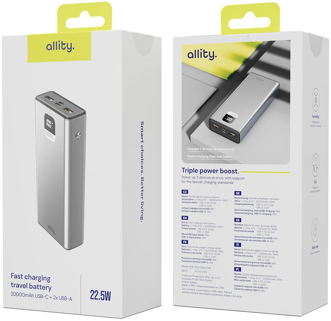 „Allity Sp. su o.o.“ „Allity“ išorinė baterija APB-100 PD QC 22,5 W 20000 mAh pilka