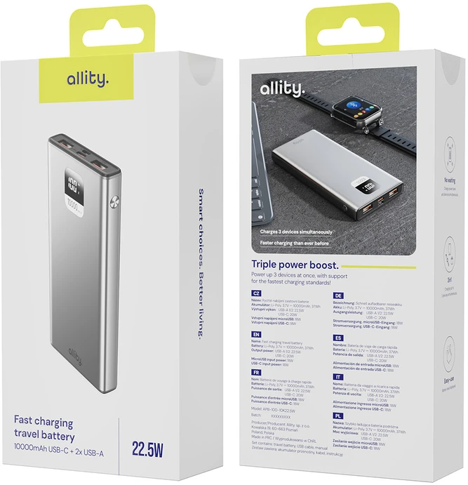 Allity Sp. su o.o. „Allity“ išorinė baterija APB-100 PD QC 22,5 W 10000 mAh, pilka