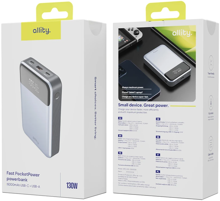„Allity Sp. su o.o.“ „Allity“ nešiojamojo kompiuterio išorinė baterija APB-200 PD, QC, 130 W, 19200 mAh, pilka