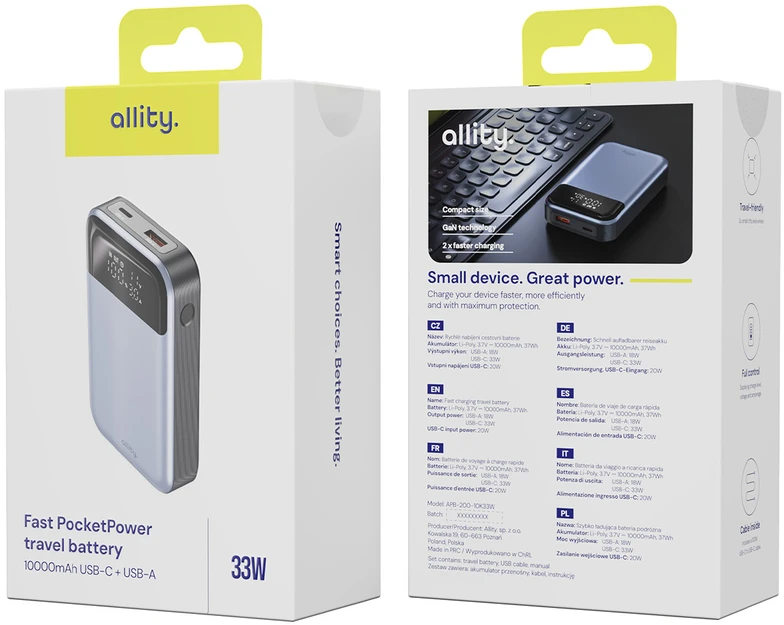 „Allity Sp. su o.o.“ „Allity“ išorinė baterija APB-200 PD QC 33W 10000 mAh pilka
