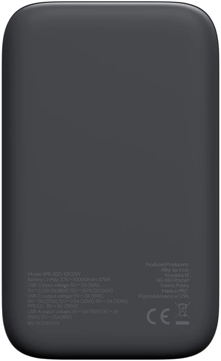 „Allity Sp. su o.o.“ „Allity“ išorinė baterija APB-200 PD QC 33W 10000 mAh pilka