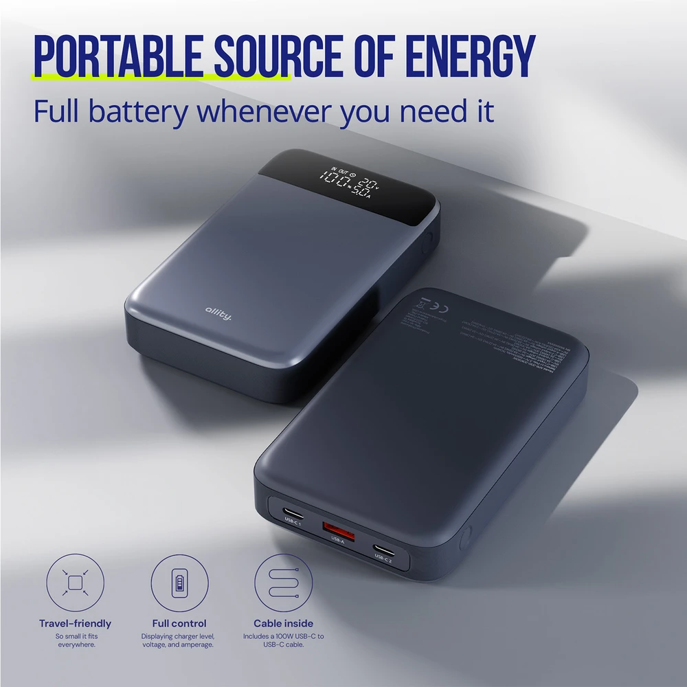 „Allity Sp. su o.o.“ „Allity“ nešiojamojo kompiuterio išorinė baterija APB-200 PD, QC, 130 W, 19200 mAh, pilka